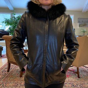 Lamb skin black leather jacket with fur trim hood